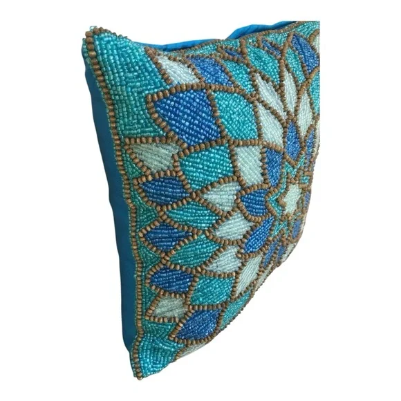 ***SOLD***Pier 1 Blue Multicolor Beaded Decorated Pillow. 11 X 11”. - Picture 3 of 6